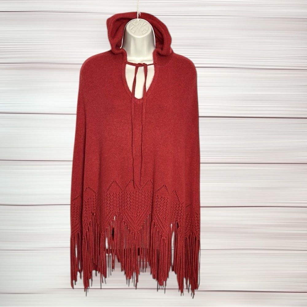 NWT 27 Miles Malibu Cashmere Poncho with Hood Tasseled Hem Burnt Orange XS
